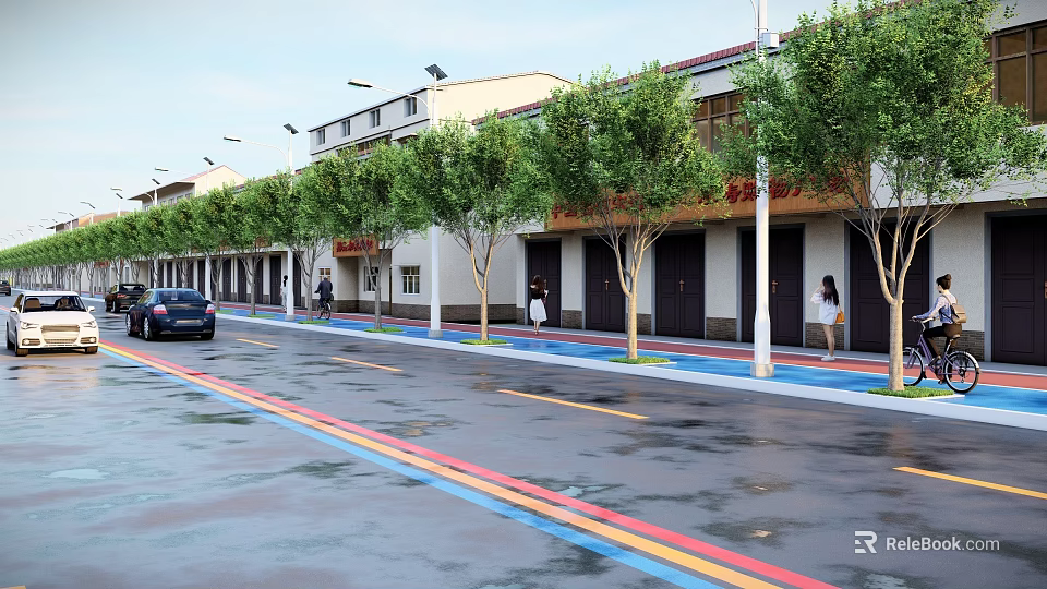Scenic Commercial Street With Trees Buildings Pedestrians And Car On Colorful Road Lanes 3d model 