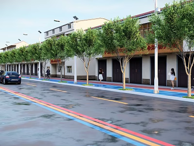 Scenic Commercial Street With Trees Buildings Pedestrians And Car On Colorful Road Lanes 3d model