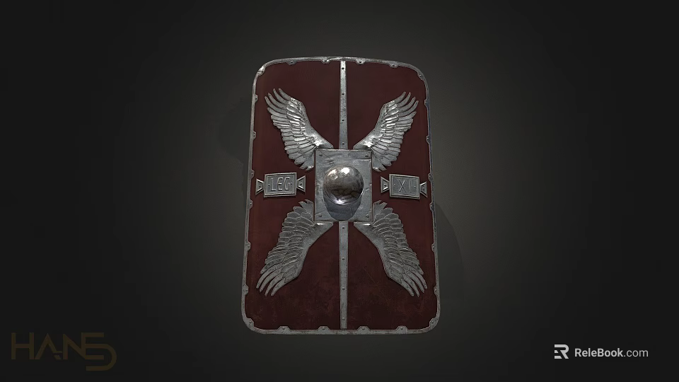Red Shield With Silver Wing Ornaments And Metallic Center Sphere Design Details 3d model 
