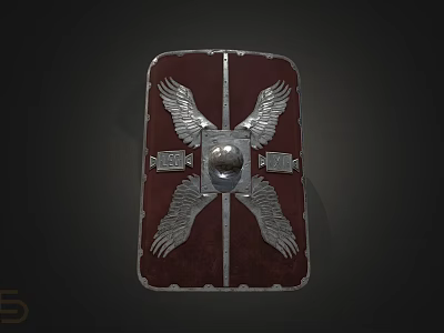 Red Shield With Silver Wing Ornaments And Metallic Center Sphere Design Details 3d model