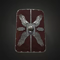 Red Shield With Silver Wing Ornaments And Metallic Center Sphere Design Details