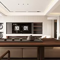 Stylish Modern Open Living And Dining Room Interior With Cream Sofa And Wooden Storage Cabinets