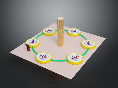 Circular Equipment Setup With Golden Column Compass Symbols And Green Lines On Pink Board 3d model