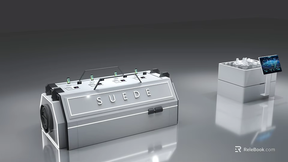 Modern Silver Display Shelf with Transparent Panel and SUEDE Branding 3d model