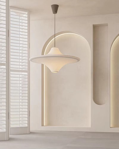 Modern White Disc Shaped Pendant Light in Minimalist Interior with Arch Wall and Blinds 3d model