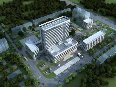Modern Hospital Complex With Buildings Green Areas Roads And Parking Lots 3d model