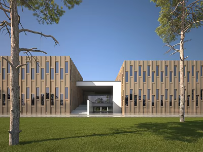 Modern School Building With Wooden Facade Numerous Windows Central Entrance Green Lawn And Trees 3d model