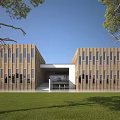 Modern School Building With Wooden Facade Numerous Windows Central Entrance Green Lawn And Trees