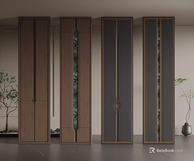 Modern Interior Columns With Dark Wood Finish And Green Glass Inlays In Minimalist Space 3d model 
