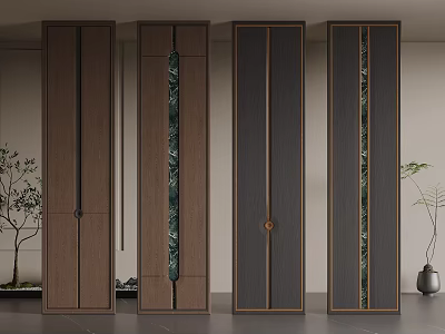 Modern Interior Columns With Dark Wood Finish And Green Glass Inlays In Minimalist Space 3d model