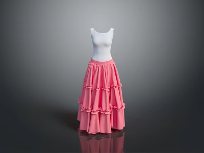 Pink Layered Skirt With White Top And Frilled Ruffles For Daily Use 3d model