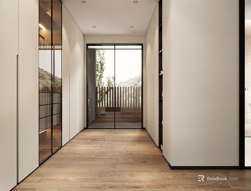 Modern Walk In Closet Interior With Glass Doors Wooden Floors And Storage Spaces 3d model 