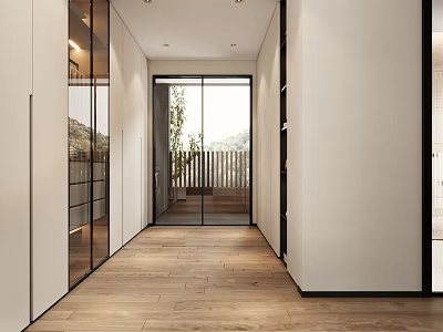 Modern Walk In Closet Interior With Glass Doors Wooden Floors And Storage Spaces 3d model