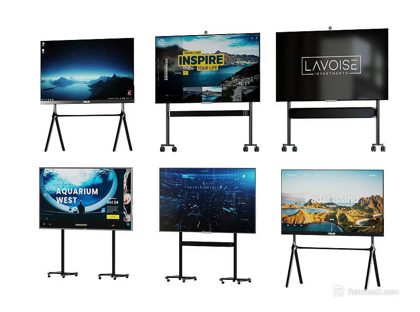 Versatile Display TVs on Mobile Wheeled Stands with Various Screen Contents 3d model 