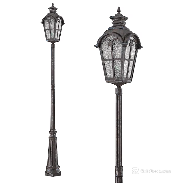 Traditional Outdoor Street Lamps With Decorative Glass Shades And Metal Poles 3d model 