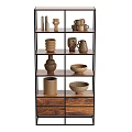 Modern Minimalist Multi-tiered Storage Shelving Unit With Metal Frame Wooden Drawers And Decorative Vases Bowls