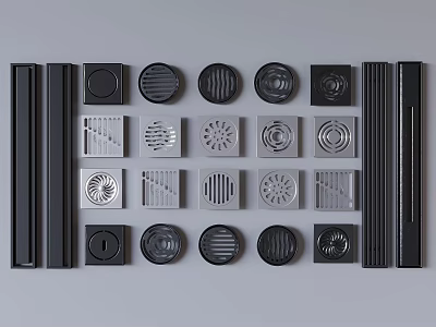 Various Bathroom Drain Covers With Round Square Shapes And Grid Patterns 3d model