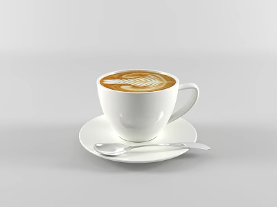 Creamy Latte Coffee With Artisan Foam Design In White Cup Saucer And Spoon 3d model