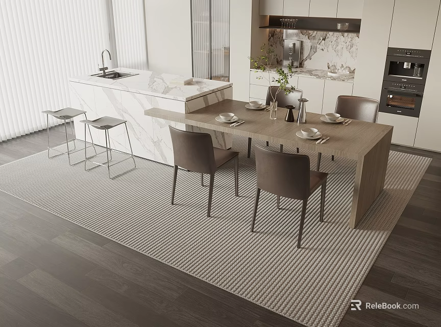 Modern Kitchen Dining Table Set With Wooden Table Gray Chairs And Patterned Rug 3d model