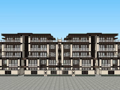 Modern Multi Story Residential Building Exterior With Beige Dark Accents Balconies And Open Plaza 3d model
