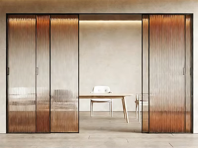 Stylish Sliding Doors With Wooden Frame And Textured Glass For Dining Space 3d model