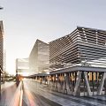 Modern Commercial Street Architectural Design With Sloped Metal Roofs And Trees