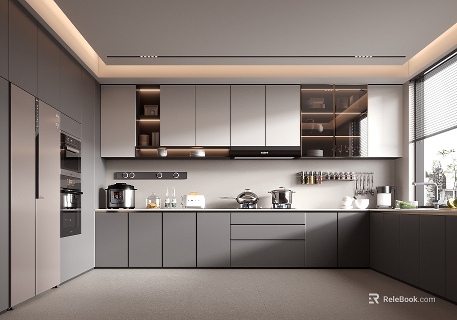 Modern Open Kitchen Interior With Gray Cabinets Countertops And Appliances 3d model 