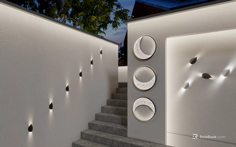 Exterior Wall Lights With Circular Design Illuminating Outdoor Staircase And White Walls 3d model 