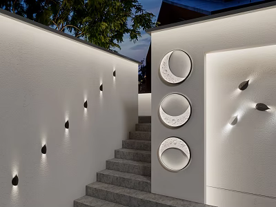 Exterior Wall Lights With Circular Design Illuminating Outdoor Staircase And White Walls 3d model