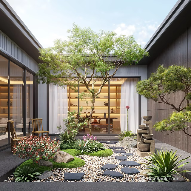 Tranquil Courtyard Garden Design With Lush Trees Stone Decor And Stepping Pathway 3d model 