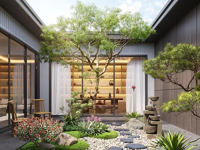 Tranquil Courtyard Garden Design With Lush Trees Stone Decor And Stepping Pathway 3d model