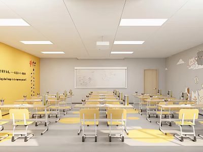 Bright School Classroom Interior With Neatly Arranged Yellow Desks Whiteboard And Yellow Walls 3d model