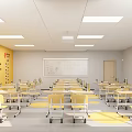 Bright School Classroom Interior With Neatly Arranged Yellow Desks Whiteboard And Yellow Walls