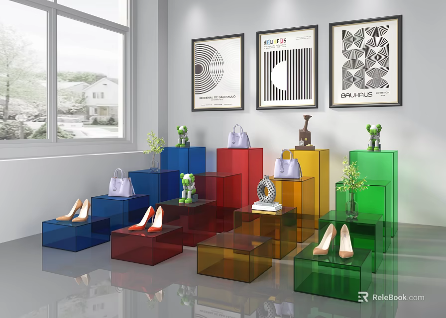 Colorful Display Shelves In Interior Space With Shoes Bags And Decorative Items 3d model 