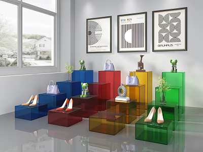 Colorful Display Shelves In Interior Space With Shoes Bags And Decorative Items 3d model