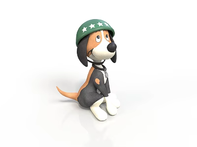 Cartoon style puppy military cap sitting dog toy dog wearing helmet puppy anthropomorphic dog sitting puppy green helmet star helmet collar 3d model