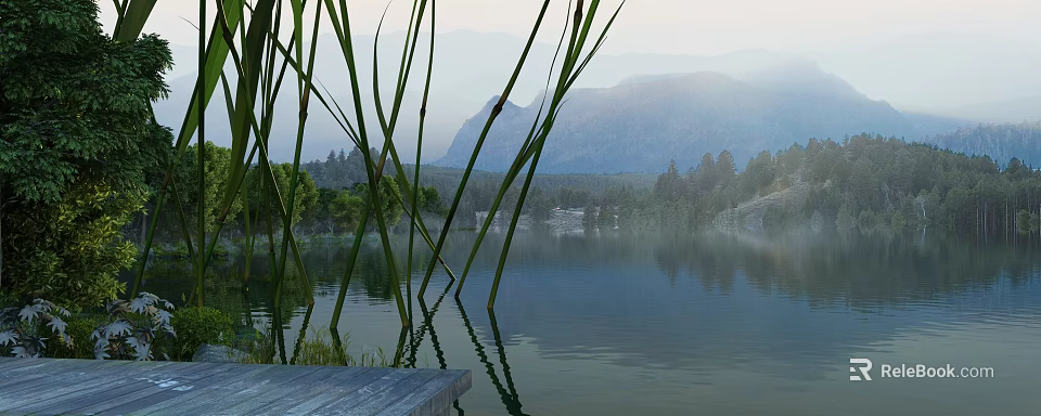 Serene Natural Scenery With Reeds Lake Water Misty Distant Mountains Reflections And Wooden Boardwalk 3d model 