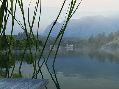 Serene Natural Scenery With Reeds Lake Water Misty Distant Mountains Reflections And Wooden Boardwalk 3d model