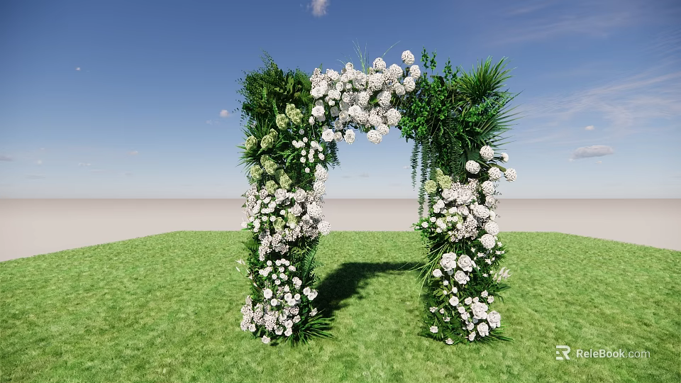 Decorative Archway Adorned With White Flowers And Green Plants On Green Grass Under Blue Sky 3d model 