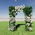 Decorative Archway Adorned With White Flowers And Green Plants On Green Grass Under Blue Sky