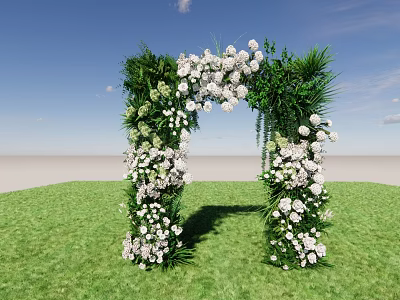 Decorative Archway Adorned With White Flowers And Green Plants On Green Grass Under Blue Sky 3d model