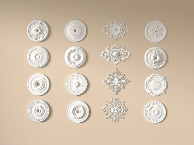 Multiple White Ceiling Medallions With Various Intricate Patterns On Beige Background 3d model