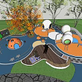 Playground Equipment Featuring Blue Cloud Surface Orange Dome Structure And Trees With Silver Spherical Facilities 3d model