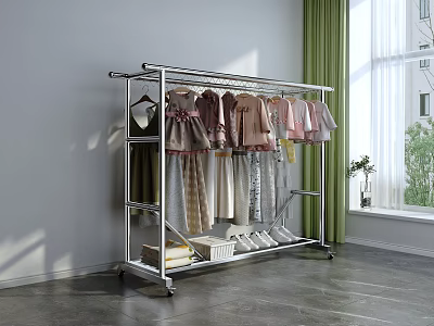 Modern Metal Clothes Rack with Hanging Rod and Storage Shelf for Bedroom Home Organization 3d model