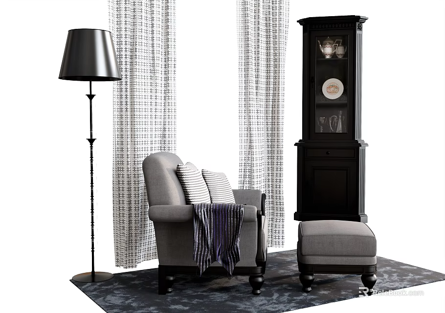 Gray Armchair With Striped Cushions Throw Blanket Ottoman Floor Lamp And Striped Curtains 3d model 