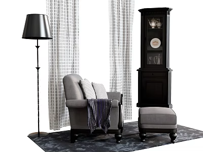 Gray Armchair With Striped Cushions Throw Blanket Ottoman Floor Lamp And Striped Curtains 3d model