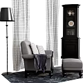 Gray Armchair With Striped Cushions Throw Blanket Ottoman Floor Lamp And Striped Curtains