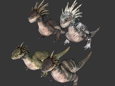 Fantasy Dragon Like Creatures With Spiked Mane And Colorful Scaled Bodies 3d model