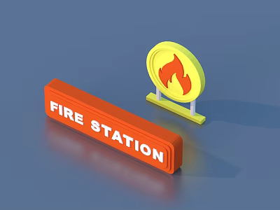 Fire Station Signage With Yellow Flame Symbol On Blue Background 3d model
