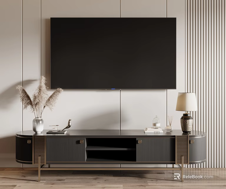 Modern TV Stand With TV Decorative Pampas Grass Table Lamp And Striped Wall 3d model 